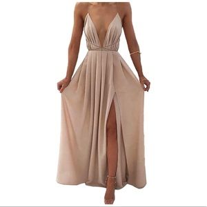 Backless High Slit V-Neck Maxi Dress